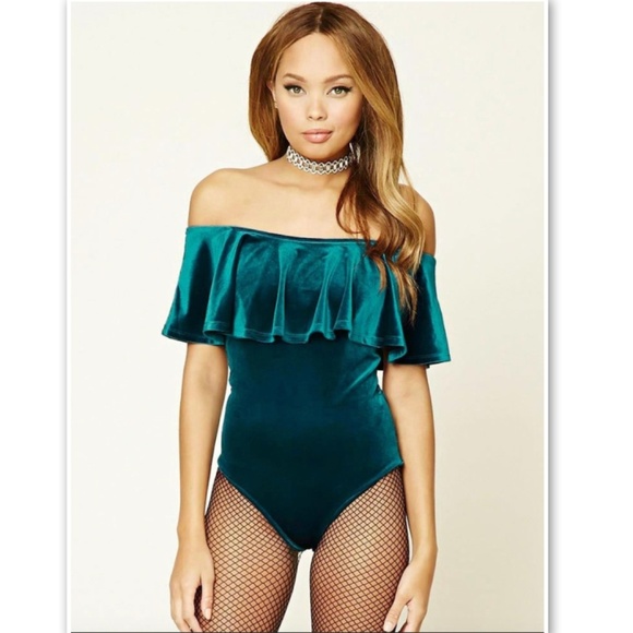 Forever 21 Tops - NWT Forever 21 Velvet Bodysuit Teal Large